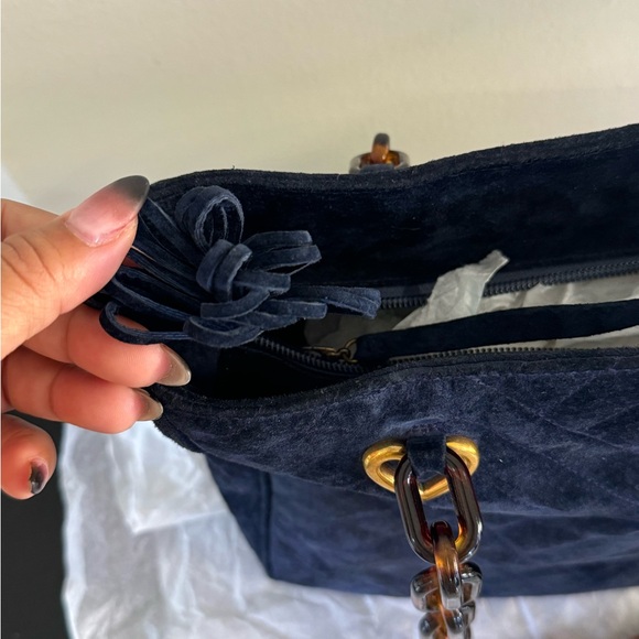 SEPCOEUR Paris Navy Blue Suede Moc-Tortoise Strap Shoulder Bag - Picture 4 of 12